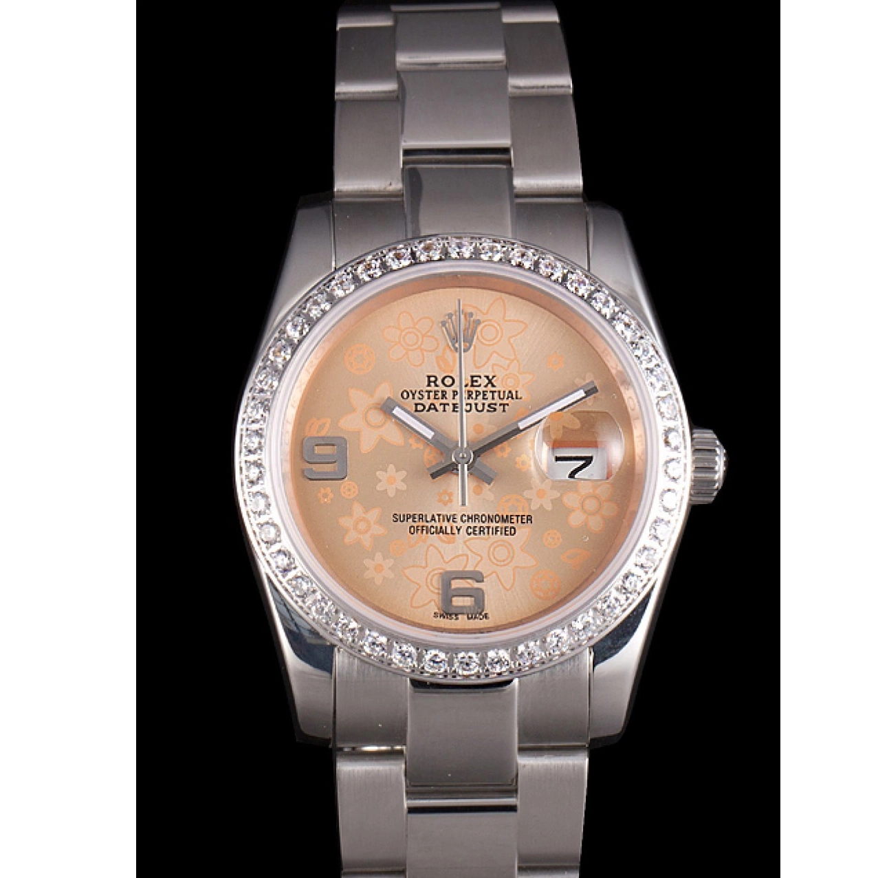 Good Copy Rolex Watches Plated Flowers Dial Steel Diamond Orange Polished Stainless Datejust Rolex 0729